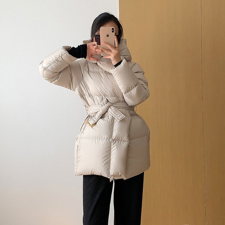 2025 Winter Women's Down Jackets Ultra Light Warm Cusual Coat Female Puffer Jacket With Belt Plus Size Hooded Short Parka
