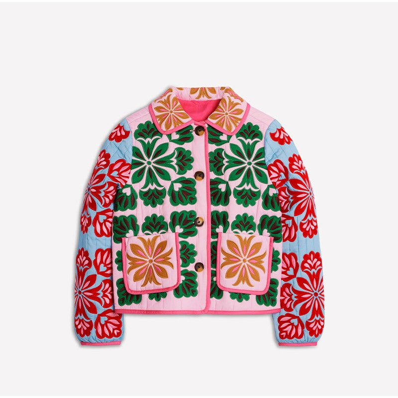 Women's Fashion Print Panelled Quilted Cotton Jacket Long Sleeve Pocket Cardigan Coat 2025 Autumn Winter Daily Casual Outerwear