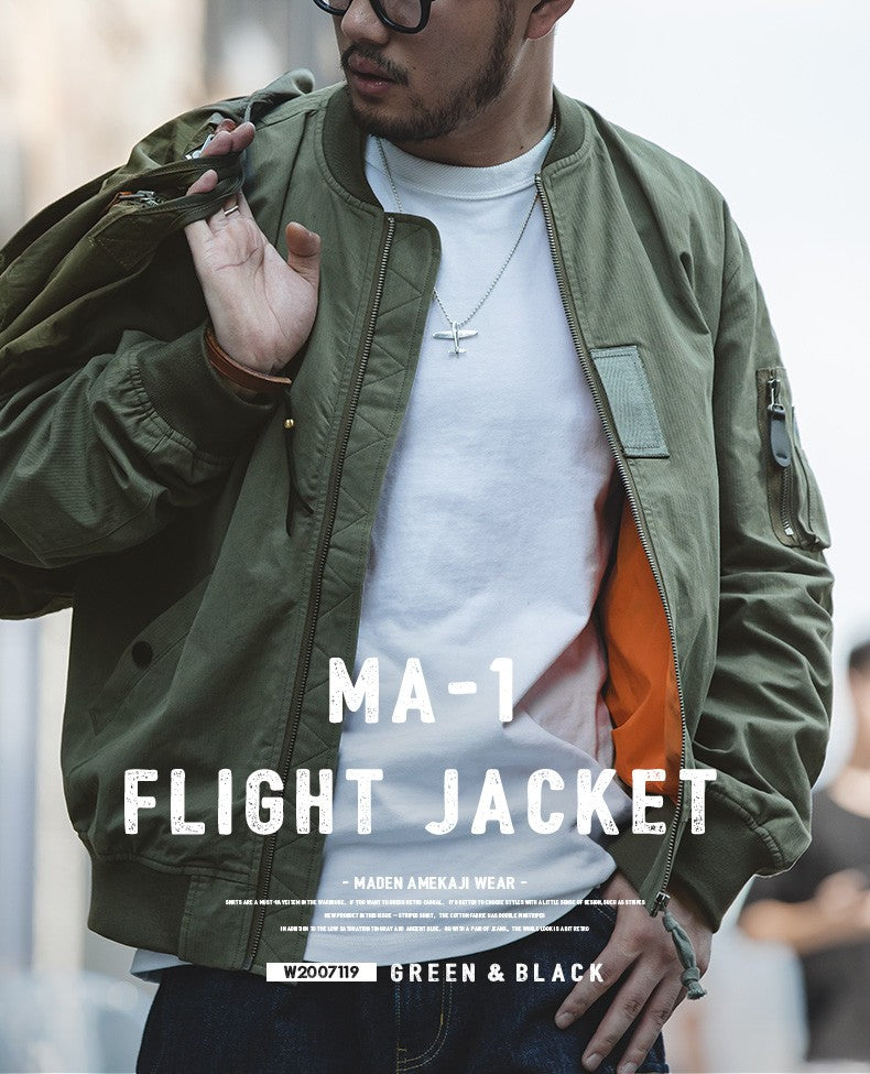 Maden Men's MA-1 Flight Bomber Jackets and T-shirts Vintage Air Pilot Jacket Green Baseball Suit Coat 2 Piece Tops