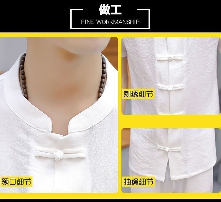 Summer New Fashion Solid Color Breathable Cotton and Linen Suit Men's Leisure Loose Sports Large Size High-Grade Two-Piece Set