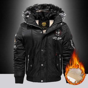 Winter Warm Thickened Hooded Jacket With Raw Edge Lined Aviator Jackets Embroidered Badge Design Outdoor Windproof Men's Coat