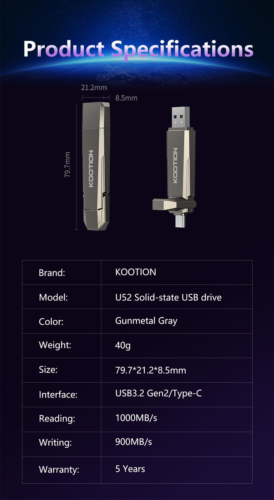 KOOTION U52 Type C USB 3.2 External Solid State Flash Drive 1TB 512GB 256GB Portable Pendrive for PC Laptop iPhone 16 Tablet