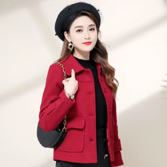 Short Woolen Coat for Women Casual Elegant Autumn Winter New Style Korean Version Polyester Fiber Commute Style Pure Color
