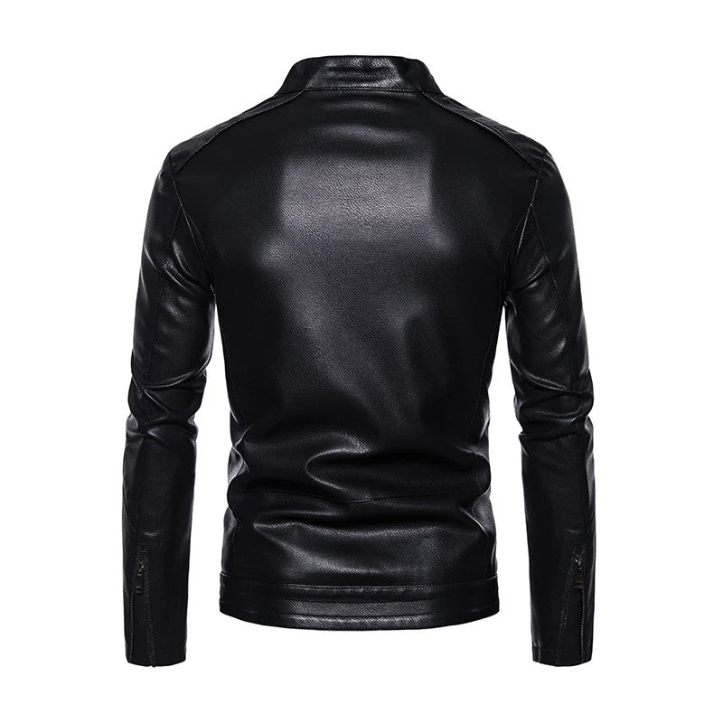 2025 PU Casual Leather Jacket Men Fleece Motorcycle Biker Slim Fit Outerwear Men Solid Stand Collar Leather Jackets