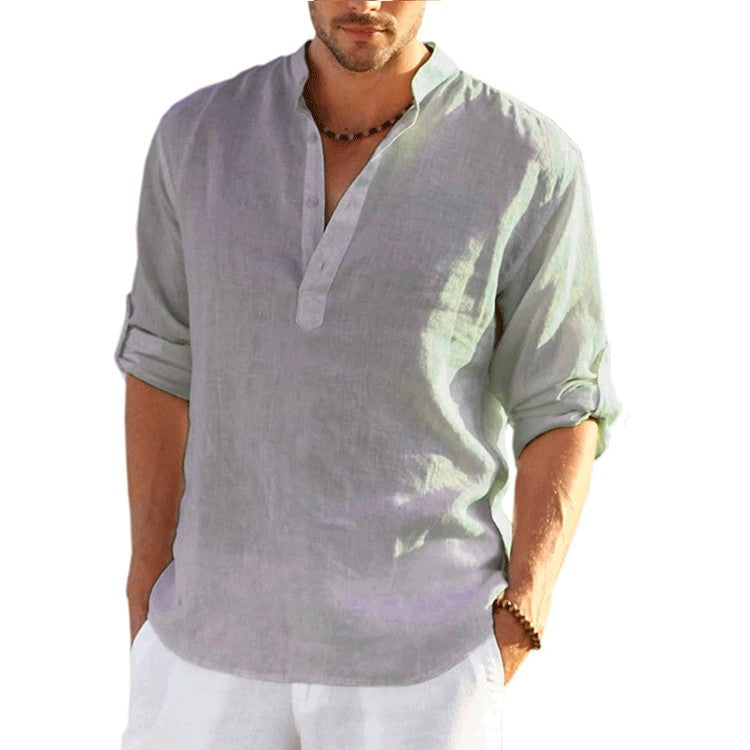 8 Colors!2023 New Linen Shirt Men Brief Breathable Comfy Solid Color Long Sleeve Loose Harajuku Casual Blouse Hawaiian Shirts