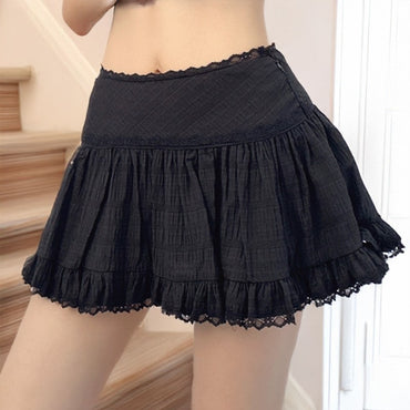 Balletcore Ruffled Mini Skirt with Lace Trim Low Rise Tiered White Skirt Summer