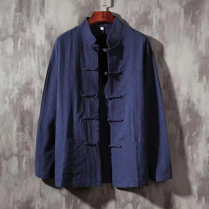 XXXXXL Plus Size Men Cotton Linen Shier Autumn Spring Men Collarless Long Sleeve Frog Button Loose Blouse Tops Oversized M-5XL