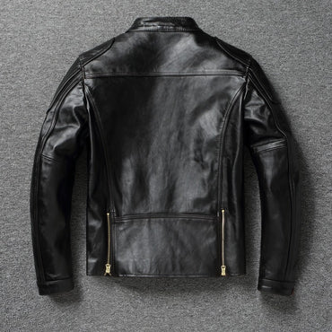 American vintage stand-collar horsehide motorcycle jacket lightly washed distressed genuine leather men's short coat