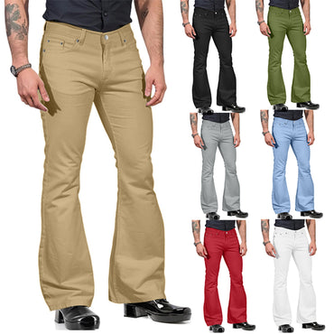 2024 New Fashion Men's Retro Flare Pants, Solid Color Mid-Rise Trousers Casual Classic 70s Bell Bottom