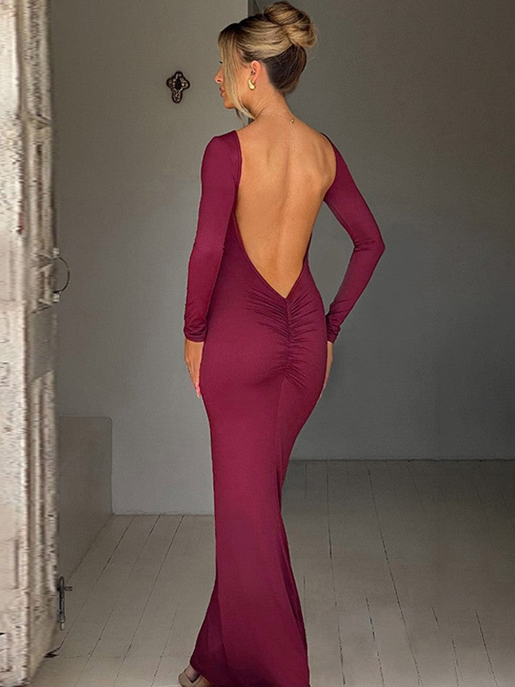 Hugcitar Spring Elegant Long Sleeve Backless Solid Cuched Sexy Bodycon Maxi Prom