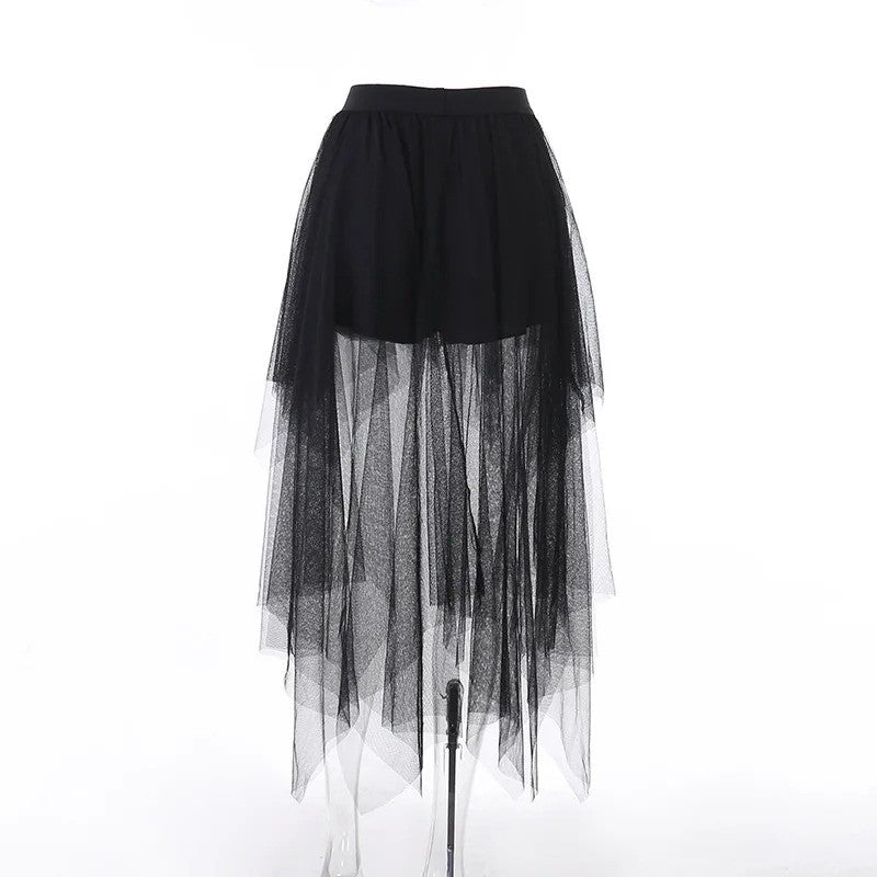 Sexy Net Yarn High-Waisted Irregular Skirt for Women Summer New European and Ame