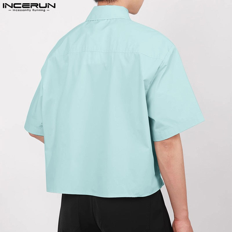 INCERUN Men's Shirts Solid Color Lapel Short Sleeve Pockets Button Male Crop Tops Streetwear Summer Loose Fashion Men Clothing