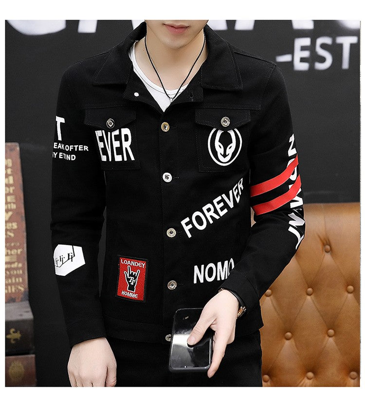 spring autumn New Men's Casual Cotton Denim Jacket Classic Style Fashion Slim Washed Retro Letter printing Jean Casual Coats