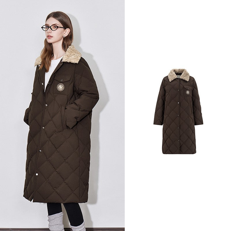 TOYOUTH Womens Down Coat 2024 Winter New Fur Collar Single Breasted Button Medium Thick Long Coat
