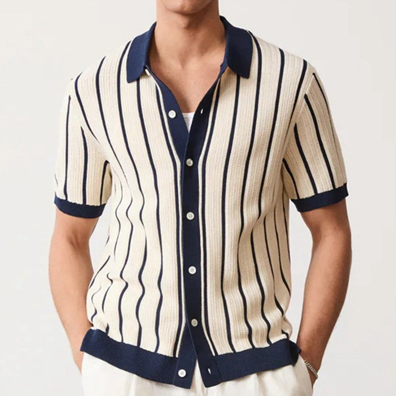 New Summer Men's Striped Knit Polo Shirts Fashion Patchwork Short Sleeve Turn Down Collar Smart Casual Polos Men Knitted Tops