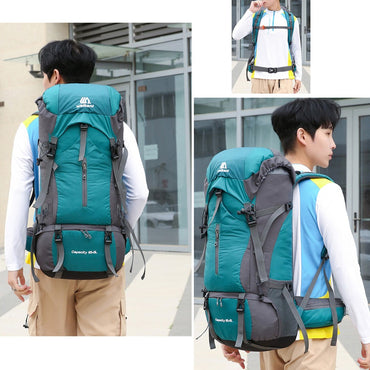 Mochila de acampamento em nylon 70L, bolsa de viagem com capa de chuva, mochila para caminhada ao ar livre, mochila de montanhismo, bolsas de ombro masculinas, bagagem