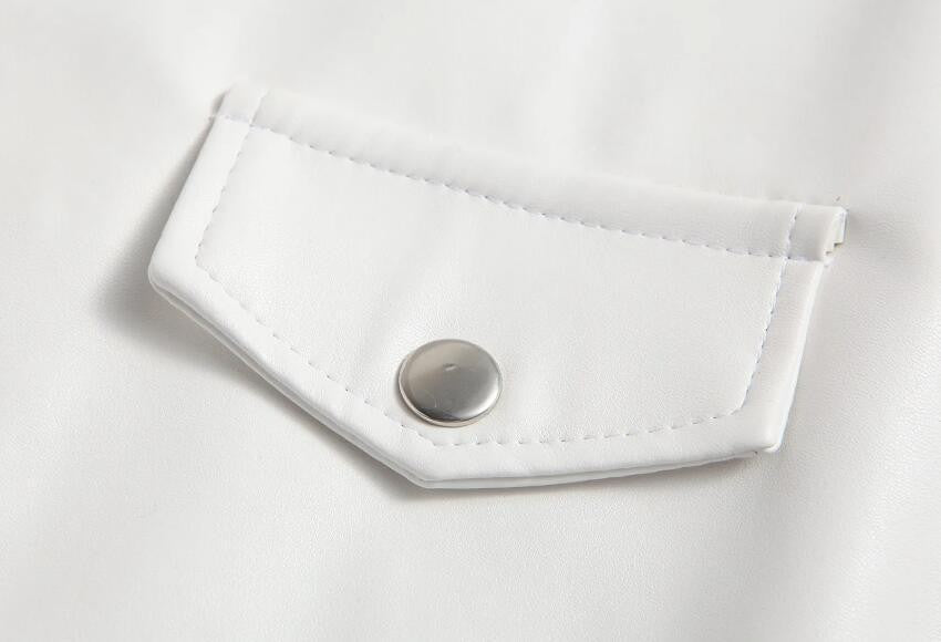 White Leather Jacket Men Fashion Solid Long Sleeve Turn-down Collar Mens Coat