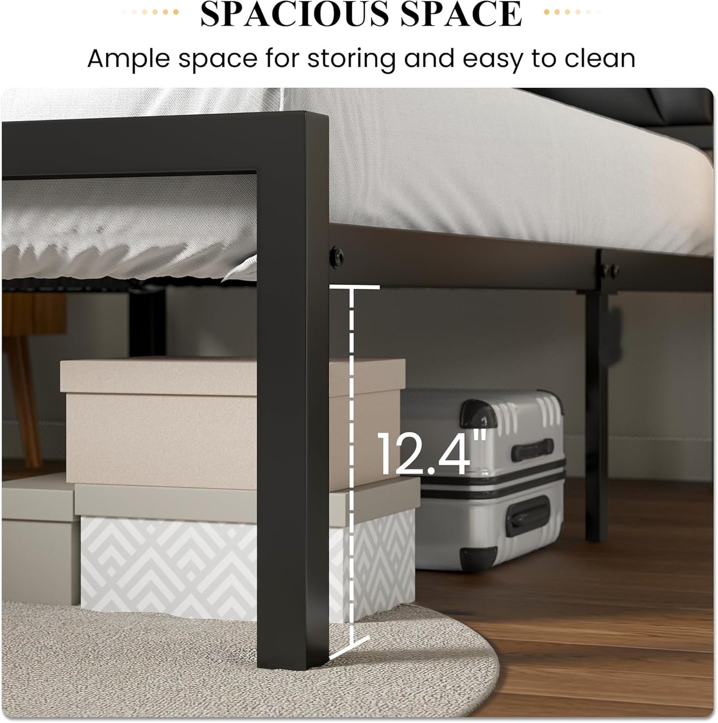 Estrutura de Cama Queen Size de Metal com Cabeceira Estofada em Couro, Design Geométrico Linear, Suporte Robusto de Estrados de Metal