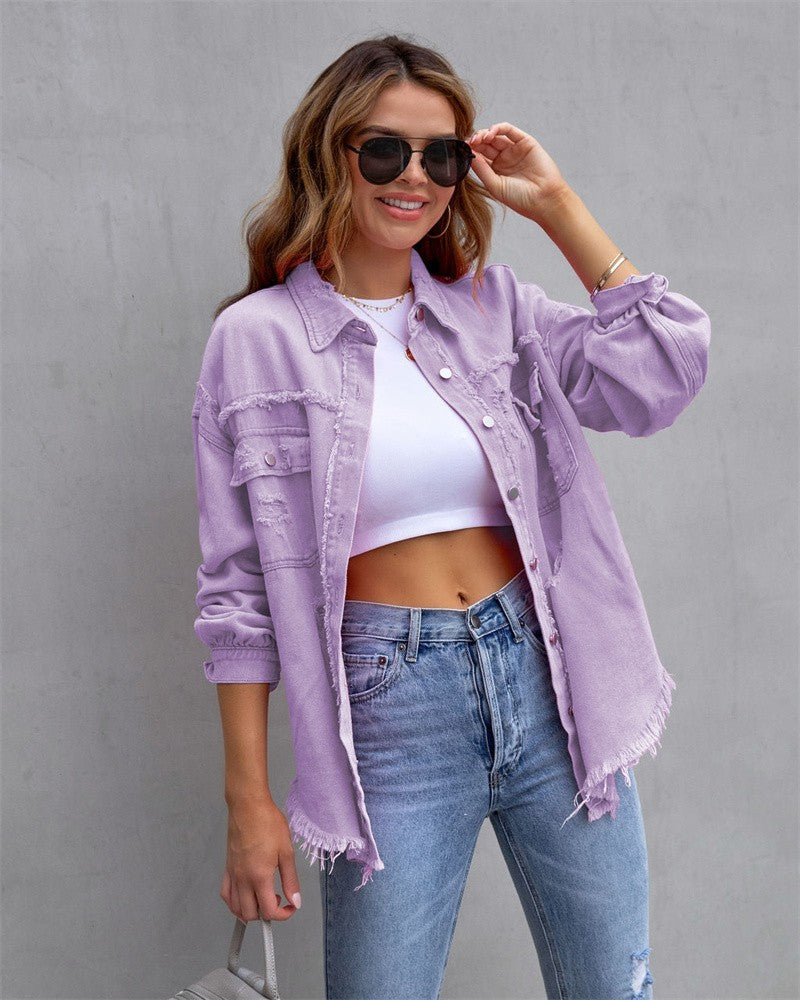 2025 Holes Raw-edges Denim Jacket Women Spring Autumn Shirt Style Jeancoat Casual Top Rose-Red Orange Purple Outerwear Lady Coat