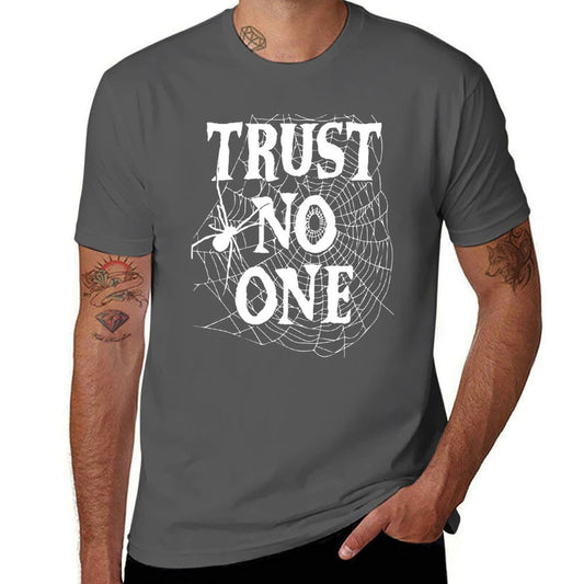 Trust No One Spider in a Spiderweb Quote T-Shirt man t shirts cotton black cotton t-shirt plain for man package T-Shirt