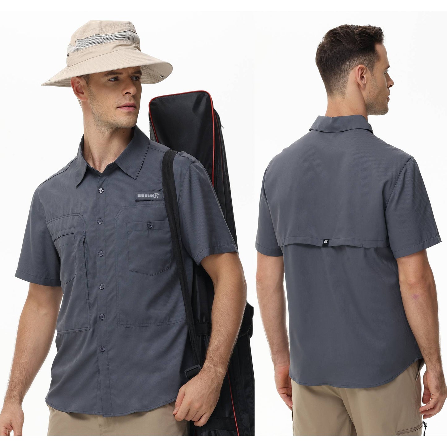 Summer Men's UPF 50+ Fishing Shirts, Casual Breathable Short Sleeve Cargo Fishing Shirt, Button Down Tactical Shirts Blouse