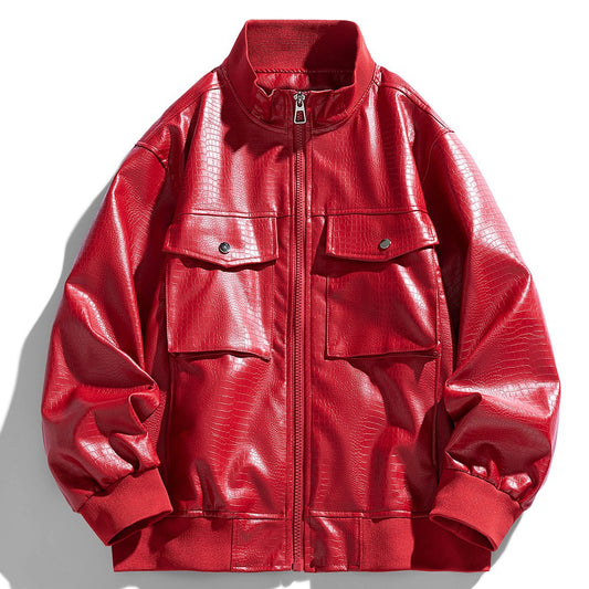 New Spring Autumn Winter PU Leather Stand Collar Open Cardigan Biker Casual Loose Fit Jacket Men's Fashion Outerwear