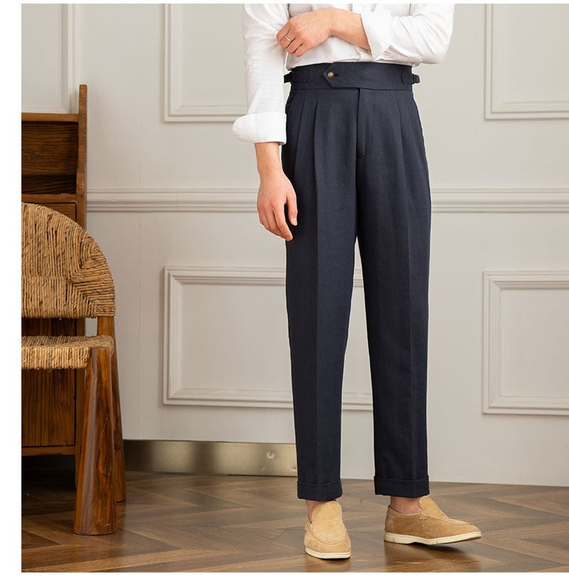 Three Gentleman Summer Naples Casual Straight Pants Men's Commuting Cotton and Linen Comfortable Breathable High Waist Pants