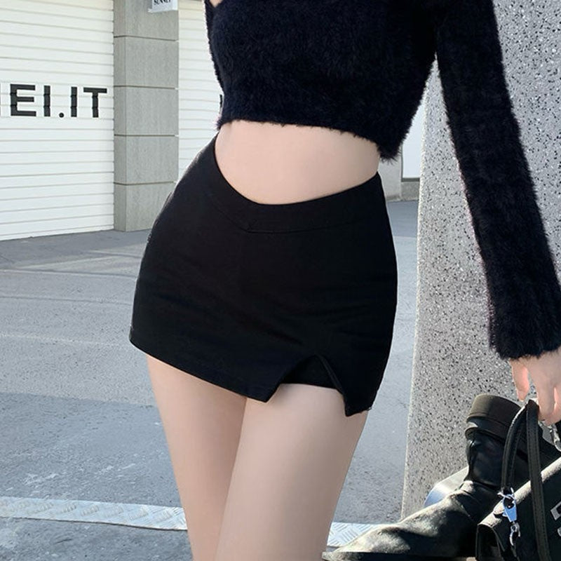 Black Split Mini Skirts Women Summer Sexy Club High Waist Slit Skirt Streetwear