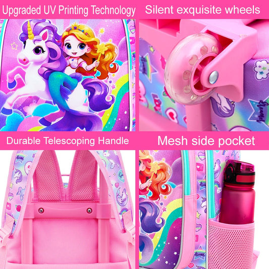 4PCS Rolling Bookbag for Girls, Cute Kids Mermaid Wheeled Backpack?Unicorn Roller School Bag with Wheels for Elementary Preschoo