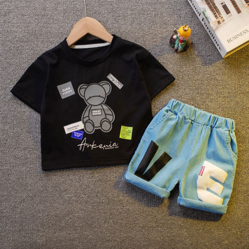 Conjuntos de Roupa Infantil Masculina de Algodão, Versão Coreana, Camisa de Manga Curta para Crianças Pequenas, Roupa de Verão
