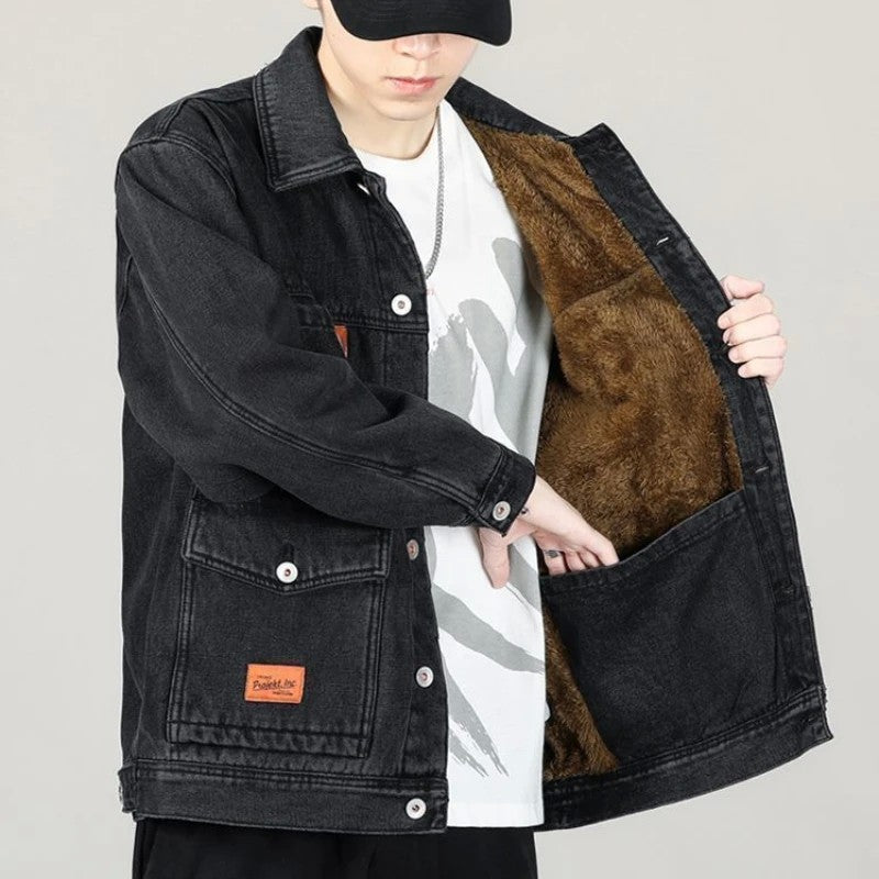 Jeans Coat for Men Padded Wool Denim Jackets Man with Sheep Wide Sleeves Black Warm Padding Original Cowboy New in Big Size G L