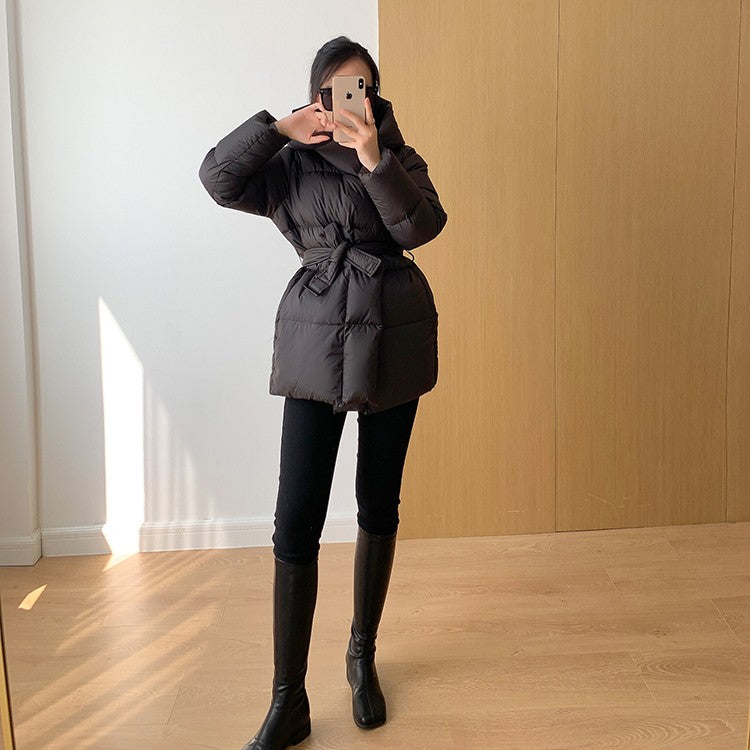 2025 Winter Women's Down Jackets Ultra Light Warm Cusual Coat Female Puffer Jacket With Belt Plus Size Hooded Short Parka