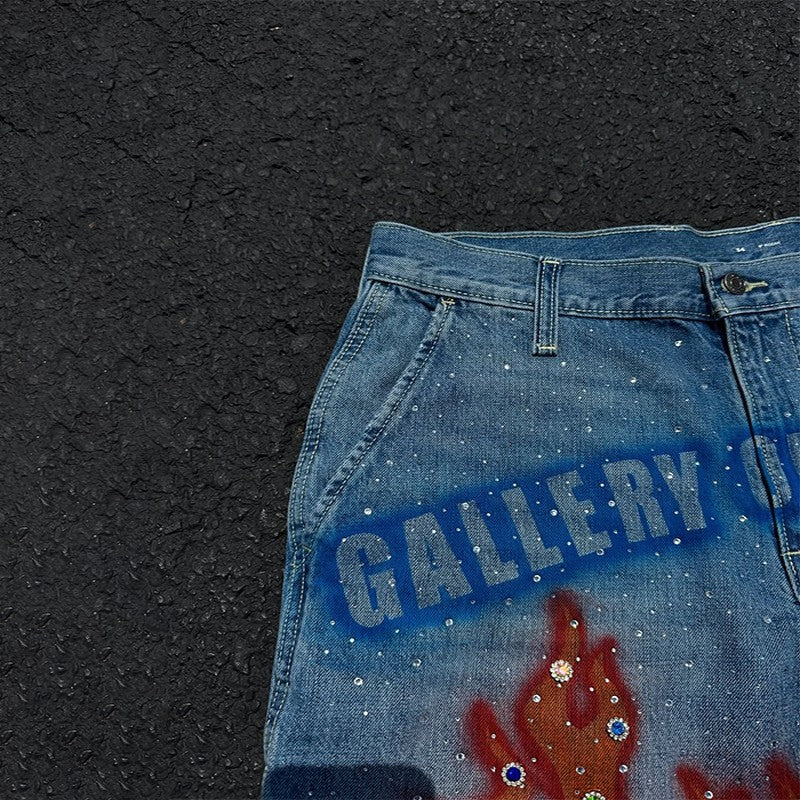 Y2K Fashion Distressed Hand Painted Vibrant Red Flame Pattern Gemstone Decoration Blue Denim Shorts Men Women Casual Streetwear