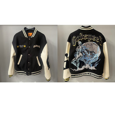 Real Photo GOD SPEED Baseball Jacket American Vintage Patchwork Leather Sleeves Unisex Embroidery Skeleton Jacket Coats