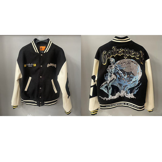 Real Photo GOD SPEED Baseball Jacket American Vintage Patchwork Leather Sleeves Unisex Embroidery Skeleton Jacket Coats