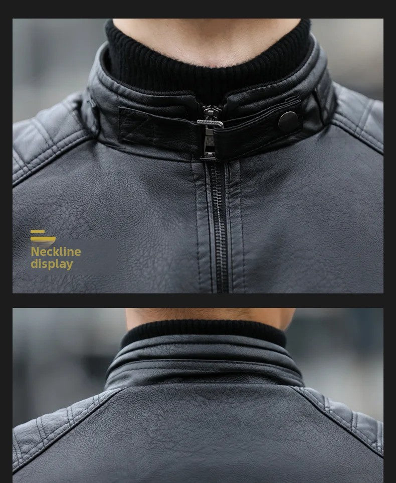 Men's Fleece Lined Biker Jacket Stand Collar Casual Versatile Spring Autumn Leather Coat for Students Fashionable Outerwear