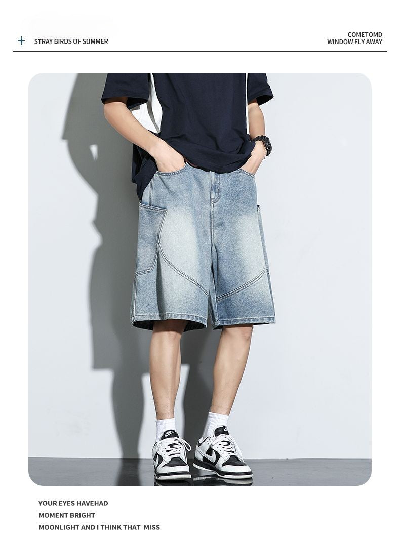 Summer New Baggy Denim Shorts Fashion Casual Straight Harajuku Jeans Male Vintage Wash Drawstring Short Pants Streetwear