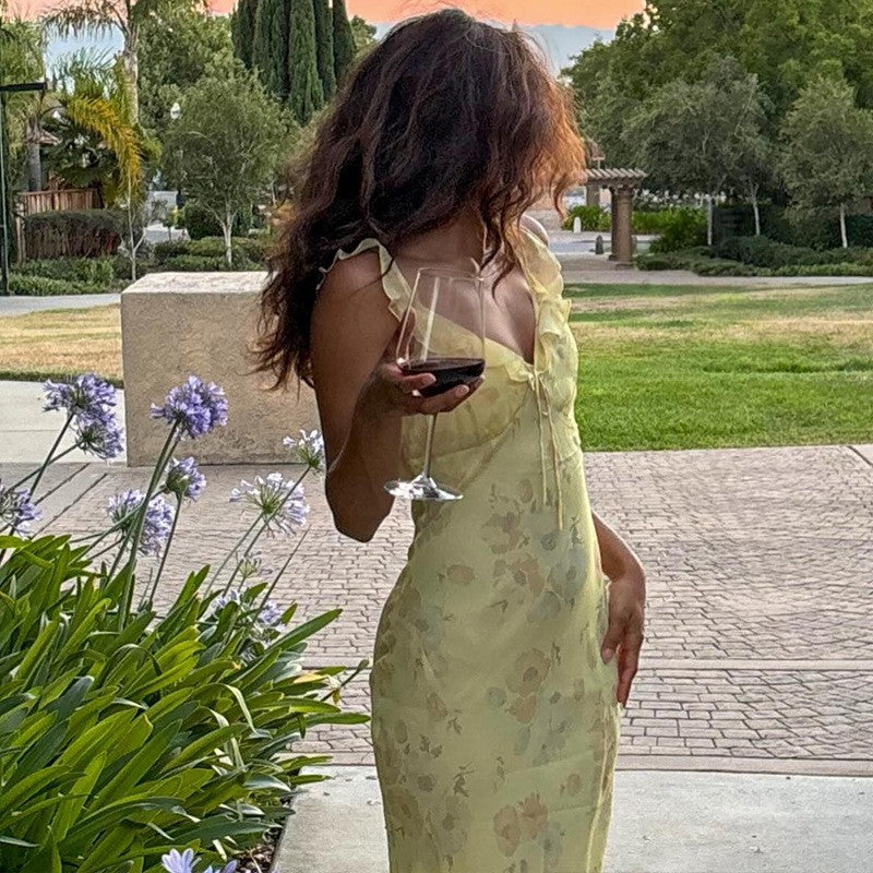 Women's Floral Cami Dress Slim Tie Bow Deep V Neck Backless Ruffle Spaghetti Str