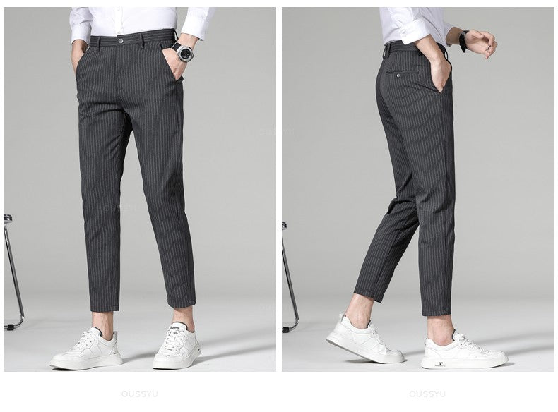 High Quality Plaid Stripe Ankle Length Pants Men Business Long Length Pant Straight Korea Grey Black Suit Formal Trousers Male