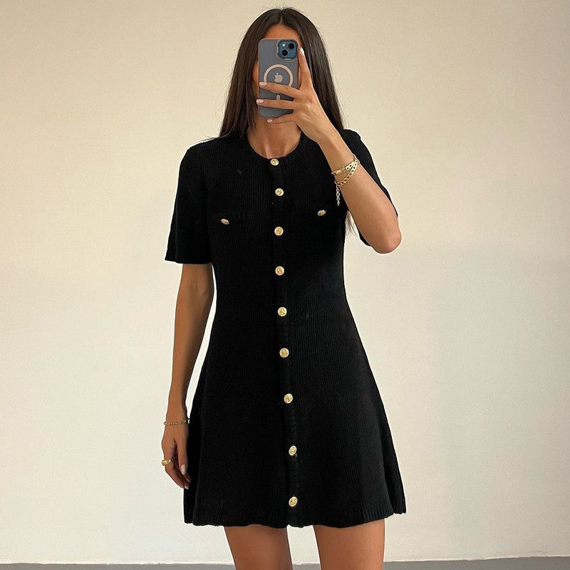 White Elegant Knitted Mini Dress For Women Metal Button Sexy Slim Rib Sweater Dr