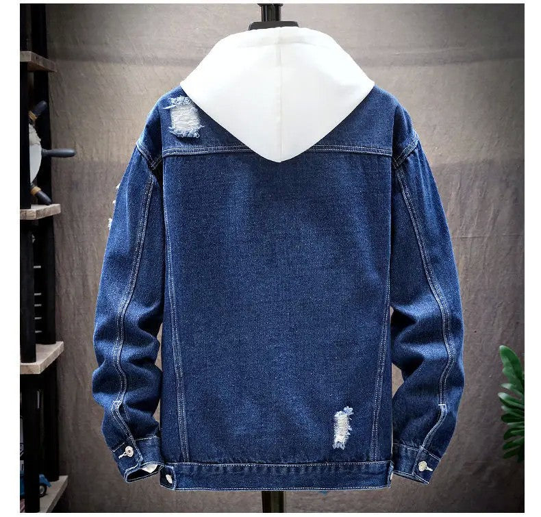 Men Denim Jacket 2025 Ripped Hole Single Breasted Coats Spliced Outerwear Jackets Pockets Casual Loose Washed Distressed