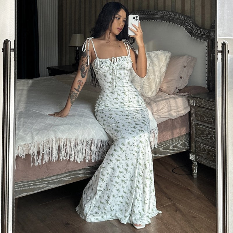 Hugcitar Floral Print Sleeveless Backless Slips Lace Up Maxi Dress Sexy Bodycon