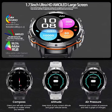 2026 Novo Smartwatch Esportivo Militar com GPS Atualizado Bateria de 1000mAh Tela AMOLED de 1,7 polegadas Bússola Altímetro Chamada Relógio Esportivo Impermeável 10ATM