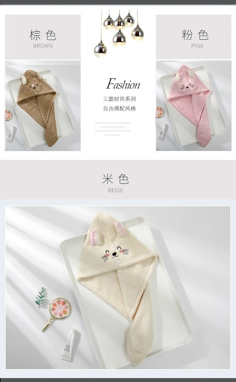 Cute Soft Microfiber Towels Shower Cap Towel Bath Hats Dry Hair Cap Quick Drying Cat Hat for Women Lady Turban Head Girl Towel
