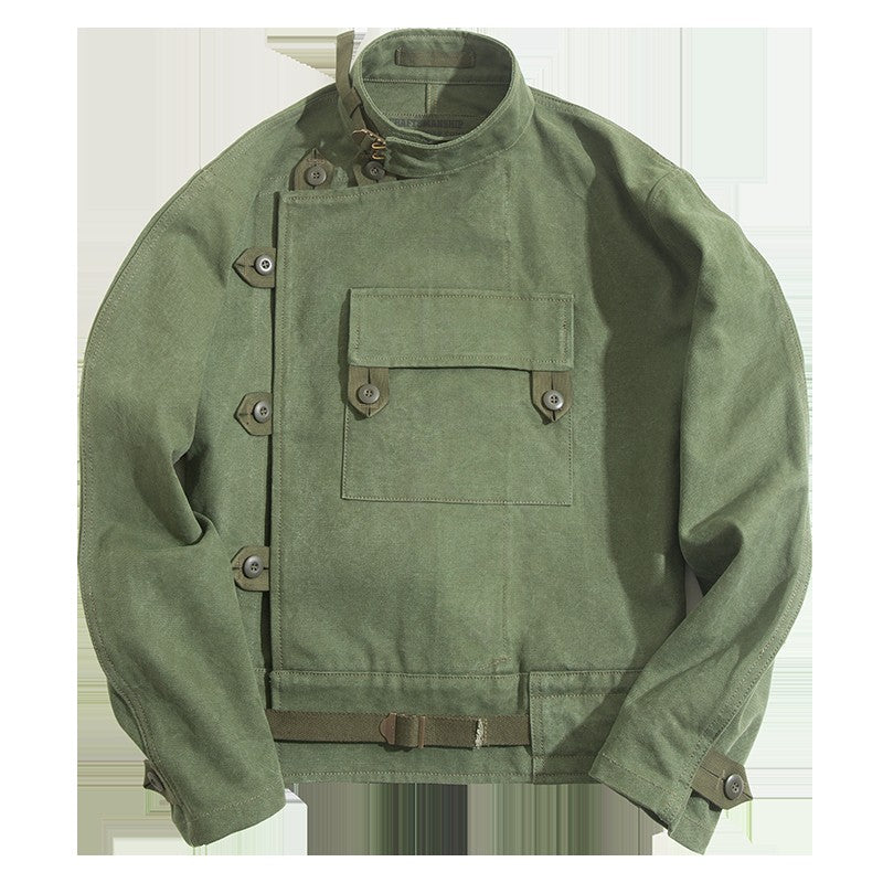 Maden Retro 16oz Canvas Swedish Motorcycle Green Jacket Pocket Bomber Jacket Casual Hunting Work Outwear for Men Spring and Fall