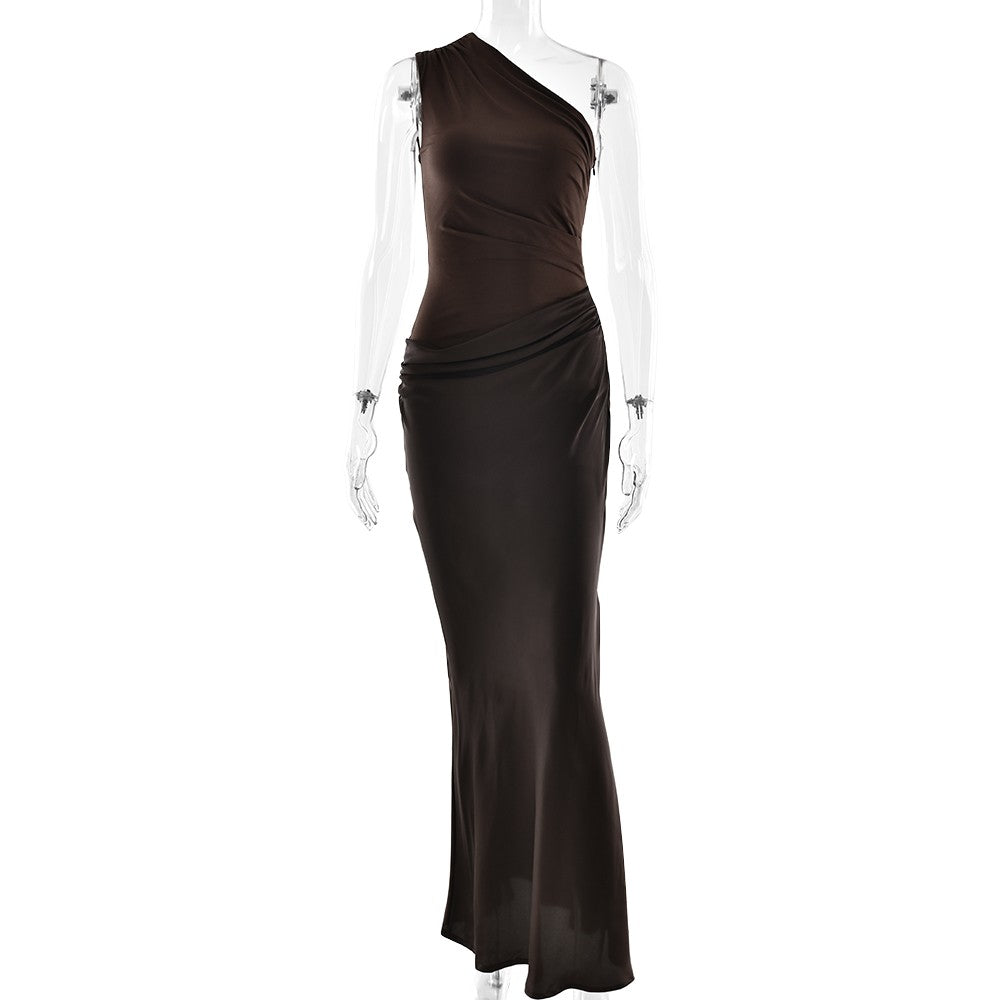 JULISSA MO Patchwork Satin Sexy One Shoulder Women Maxi Dress Brown Sleeveless E