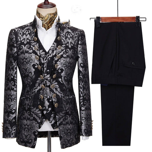 Fashion Gold Floral Suits For Men Slim Fit Luxury Party Wedding Groom Tuxedos Custom Stand Collar Jacket Vest Pants 3 Pieces Set