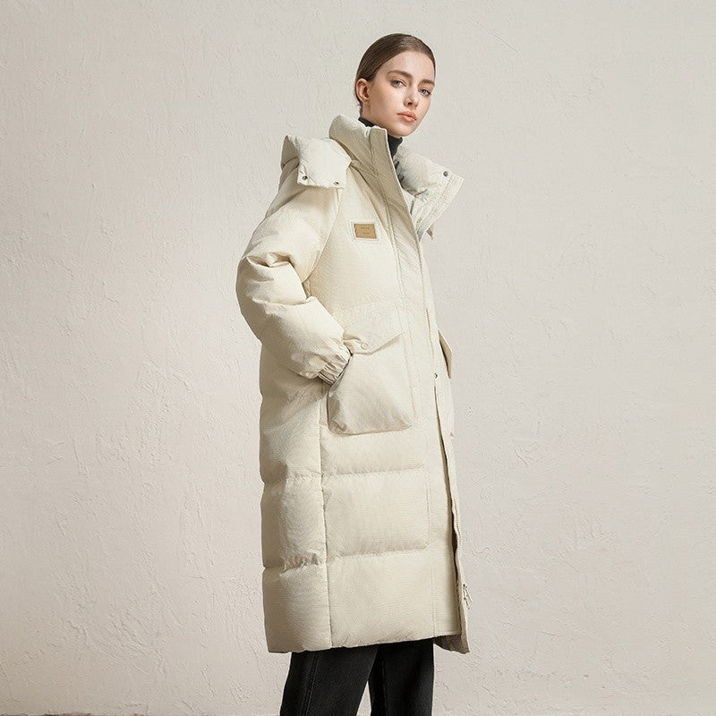 CLARKE QUEEN Long Down Jacket for Women Winter Duck Down Coat Hooded Over-the-Knee Casual Thickened Fitted Padded Puffer Coat