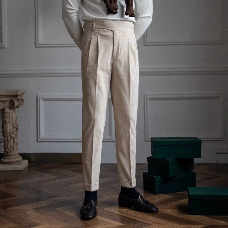 Italian Style Corduroy Naples Suit Pants Men High-waisted Adjustable Belt Straight Trousers Autumn England Business Casual Pant