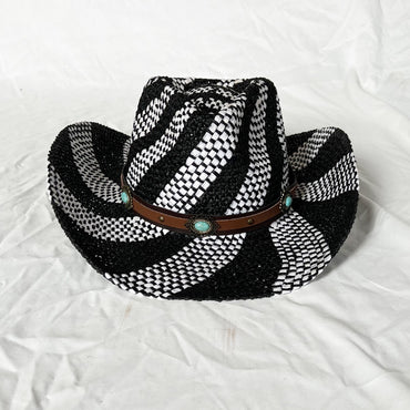 Ethnic Style Contrast Color Straw Cowboy Hat Mens Wide Brim Western Caps with Belt for Outdoor Party Vacation Sun Hats